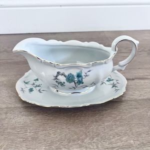 MITTERTEICH Bavaria Germany - Green Ming - Gravy‎ Boat Attached Underplate - Vtg